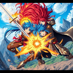 A vibrant and dynamic anime scene featuring a fierce battle between two warriors, one with long flowing blue hair wielding a glowing sword, and the other with fiery red hair using elemental powers