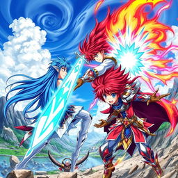 A vibrant and dynamic anime scene featuring a fierce battle between two warriors, one with long flowing blue hair wielding a glowing sword, and the other with fiery red hair using elemental powers