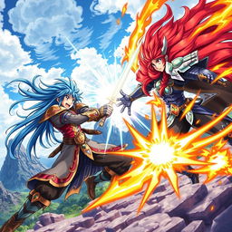 A vibrant and dynamic anime scene featuring a fierce battle between two warriors, one with long flowing blue hair wielding a glowing sword, and the other with fiery red hair using elemental powers