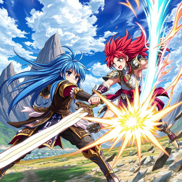 A vibrant and dynamic anime scene featuring a fierce battle between two warriors, one with long flowing blue hair wielding a glowing sword, and the other with fiery red hair using elemental powers