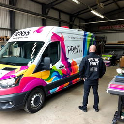 A commercial van parked inside a wrapping workshop, beautifully decorated with vibrant graphics and the text 'YES WE PRINT'