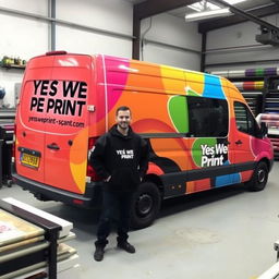 A commercial van parked inside a wrapping workshop, beautifully decorated with vibrant graphics and the text 'YES WE PRINT'