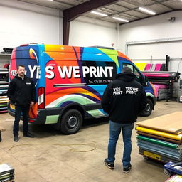 A commercial van parked inside a wrapping workshop, beautifully decorated with vibrant graphics and the text 'YES WE PRINT'