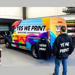 A commercial van parked inside a wrapping workshop, beautifully decorated with vibrant graphics and the text 'YES WE PRINT'