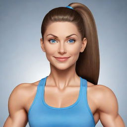 A cartoon-like image illustrating a fitness trainer. She has a rounded, feminine figure with minimal muscle definition. Her silky, brown ponytail hair frames her light-skinned face, adorned by captivating grey-blue eyes.