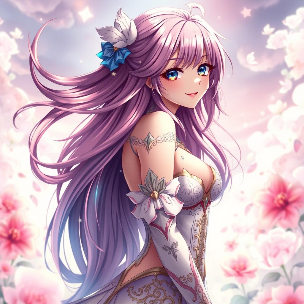 A sensual anime-style character, a beautiful girl with long flowing hair adorned with colorful highlights, wearing an intricately designed outfit that emphasizes her curves and elegance