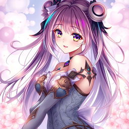 A sensual anime-style character, a beautiful girl with long flowing hair adorned with colorful highlights, wearing an intricately designed outfit that emphasizes her curves and elegance