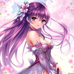 A sensual anime-style character, a beautiful girl with long flowing hair adorned with colorful highlights, wearing an intricately designed outfit that emphasizes her curves and elegance