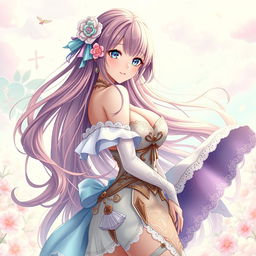 A sensual anime-style character, a beautiful girl with long flowing hair adorned with colorful highlights, wearing an intricately designed outfit that emphasizes her curves and elegance