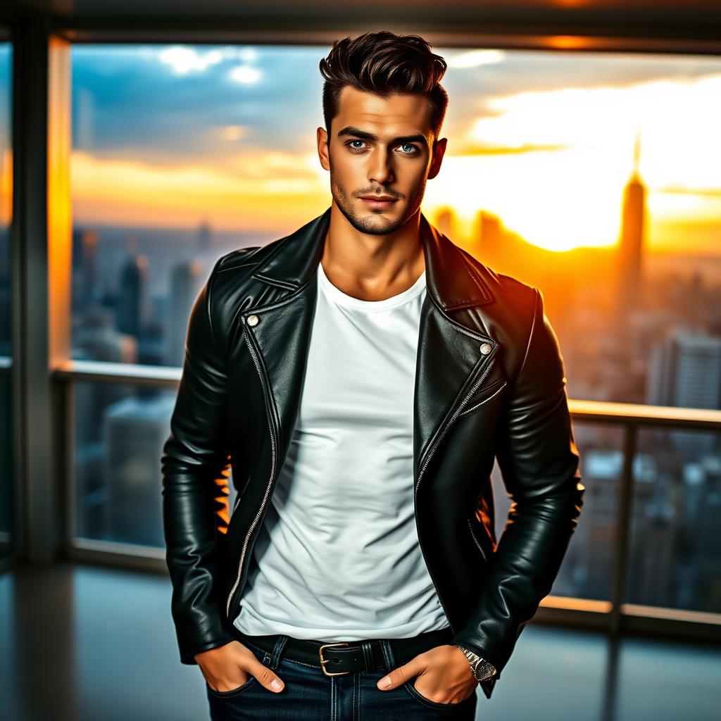 A strikingly attractive man, exuding confidence and charisma, standing in a sleek urban setting