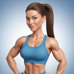 A cartoon-like image illustrating a fitness trainer. She has a rounded, feminine figure with minimal muscle definition. Her silky, brown ponytail hair frames her light-skinned face, adorned by captivating grey-blue eyes.