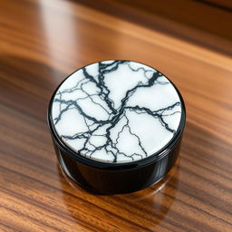 A luxurious watch case crafted from black ceramic featuring a stunning top made of white marble with an intricate black pattern