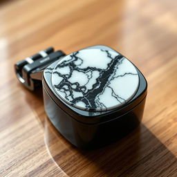 A luxurious watch case crafted from black ceramic featuring a stunning top made of white marble with an intricate black pattern