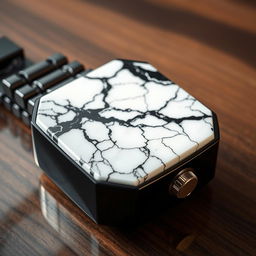 A luxurious watch case crafted from black ceramic featuring a stunning top made of white marble with an intricate black pattern