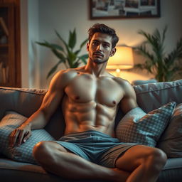 A realistic and detailed image of a shirtless person relaxing at home, exuding a casual and laid-back vibe