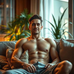 A realistic and detailed image of a shirtless person relaxing at home, exuding a casual and laid-back vibe