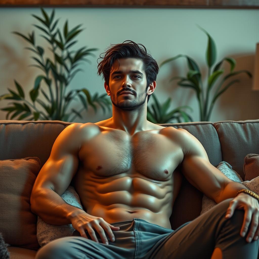 A realistic and detailed image of a shirtless person relaxing at home, exuding a casual and laid-back vibe