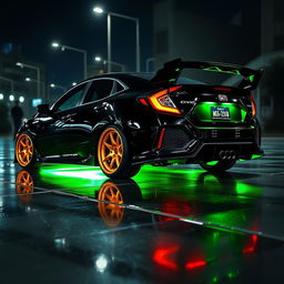 A sleek black Honda Civic EJ1 with vibrant green neon lights shining underneath, enhancing its muscular stance