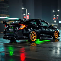 A sleek black Honda Civic EJ1 with vibrant green neon lights shining underneath, enhancing its muscular stance