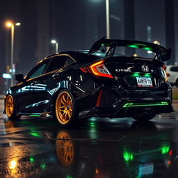 A sleek black Honda Civic EJ1 with vibrant green neon lights shining underneath, enhancing its muscular stance