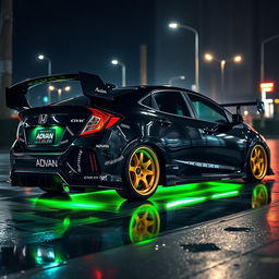 A sleek black Honda Civic EJ1 with vibrant green neon lights shining underneath, enhancing its muscular stance