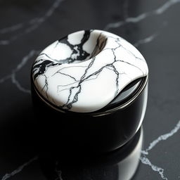 A beautifully designed watch case made from sleek black ceramic featuring a twisted top that showcases elegant white marble with a striking black pattern