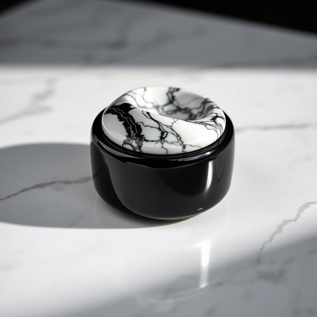 A beautifully designed watch case made from sleek black ceramic featuring a twisted top that showcases elegant white marble with a striking black pattern