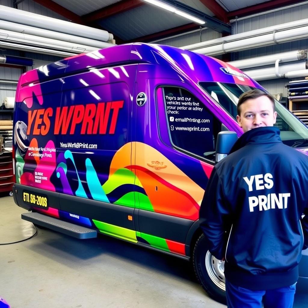 A FORD Transit FT 250S Van 100 2008, parked inside a wrapping workshop, fully wrapped with vibrant digital printing that showcases the phrase 'YES WE PRINT'