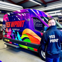 A FORD Transit FT 250S Van 100 2008, parked inside a wrapping workshop, fully wrapped with vibrant digital printing that showcases the phrase 'YES WE PRINT'