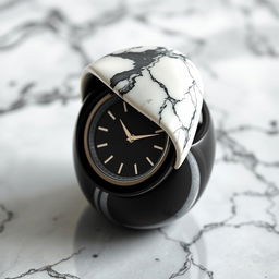 A beautifully designed watch case made from sleek black ceramic featuring a twisted top that showcases elegant white marble with a striking black pattern