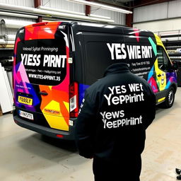 A FORD Transit FT 250S Van 100 2008, parked inside a wrapping workshop, fully wrapped with vibrant digital printing that showcases the phrase 'YES WE PRINT'