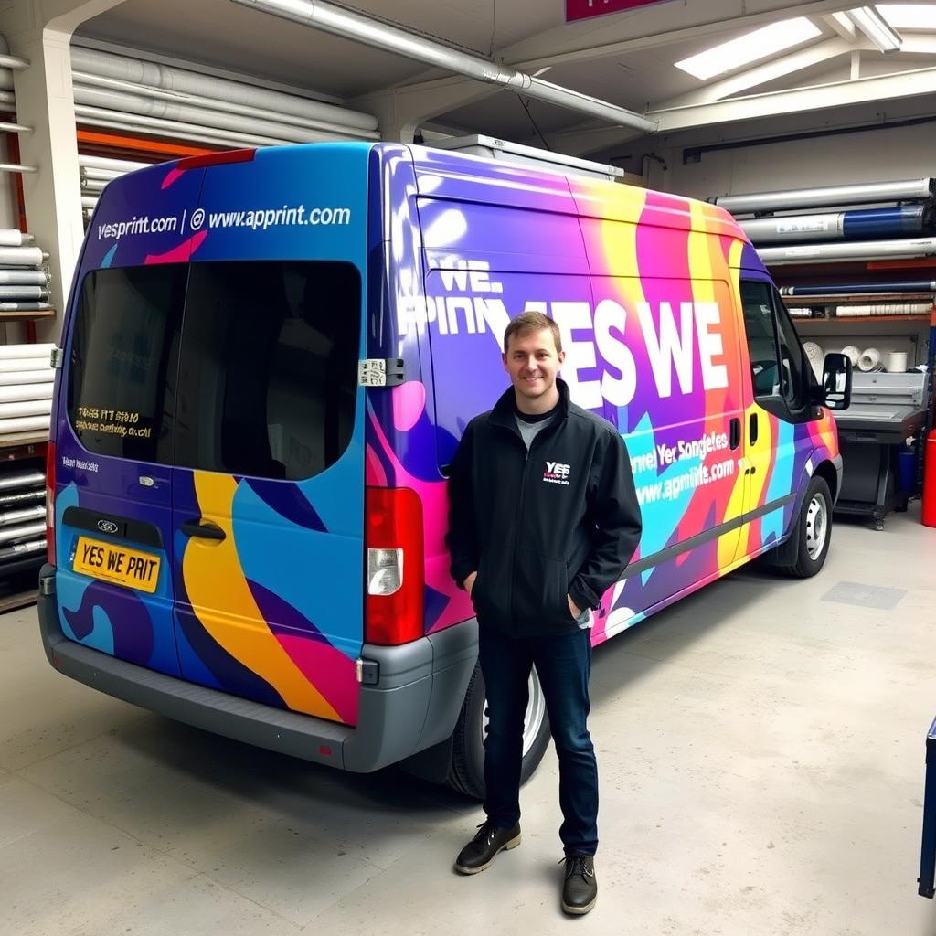 A FORD Transit FT 250S Van 100 2008, parked inside a wrapping workshop, fully wrapped with vibrant digital printing that showcases the phrase 'YES WE PRINT'