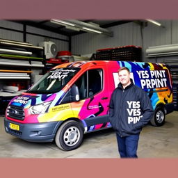 A FORD Transit FT 250S Van 100 2008, parked inside a wrapping workshop, fully wrapped with vibrant digital printing that showcases the phrase 'YES WE PRINT'