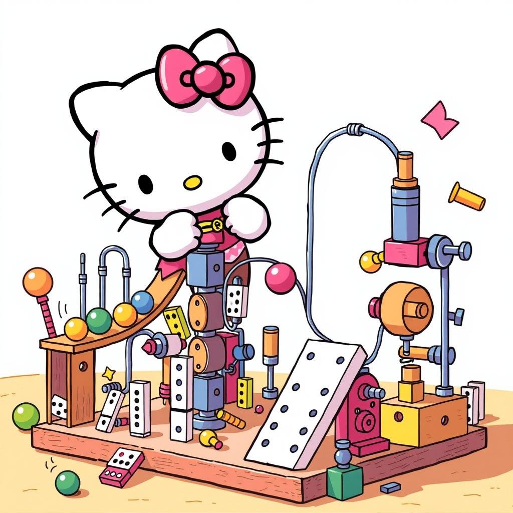 A playful and intricate depiction of Hello Kitty interacting with a Rube Goldberg machine