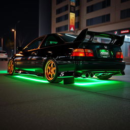 A sleek black 1993 Honda Civic EJ1 coupe featuring a stunning green underglow neon light illuminating the ground