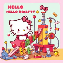 A playful and intricate depiction of Hello Kitty interacting with a Rube Goldberg machine