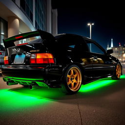 A sleek black 1993 Honda Civic EJ1 coupe featuring a stunning green underglow neon light illuminating the ground