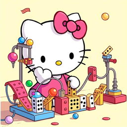 A playful and intricate depiction of Hello Kitty interacting with a Rube Goldberg machine