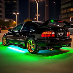 A sleek black 1993 Honda Civic EJ1 coupe featuring a stunning green underglow neon light illuminating the ground