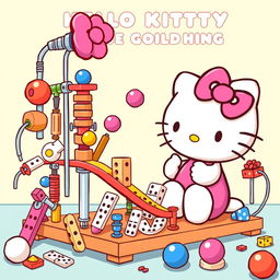 A playful and intricate depiction of Hello Kitty interacting with a Rube Goldberg machine