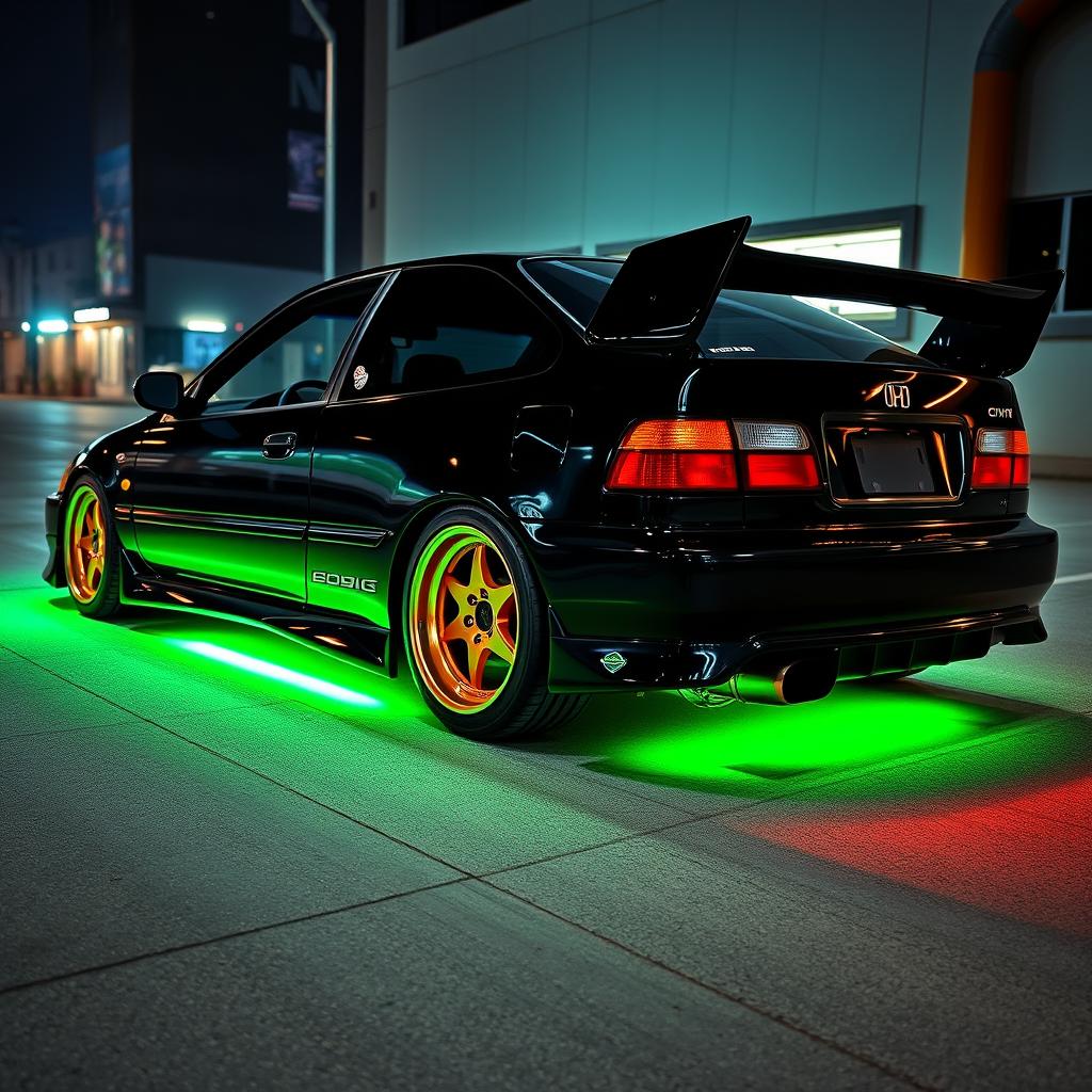 A sleek black 1993 Honda Civic EJ1 coupe featuring a stunning green underglow neon light illuminating the ground