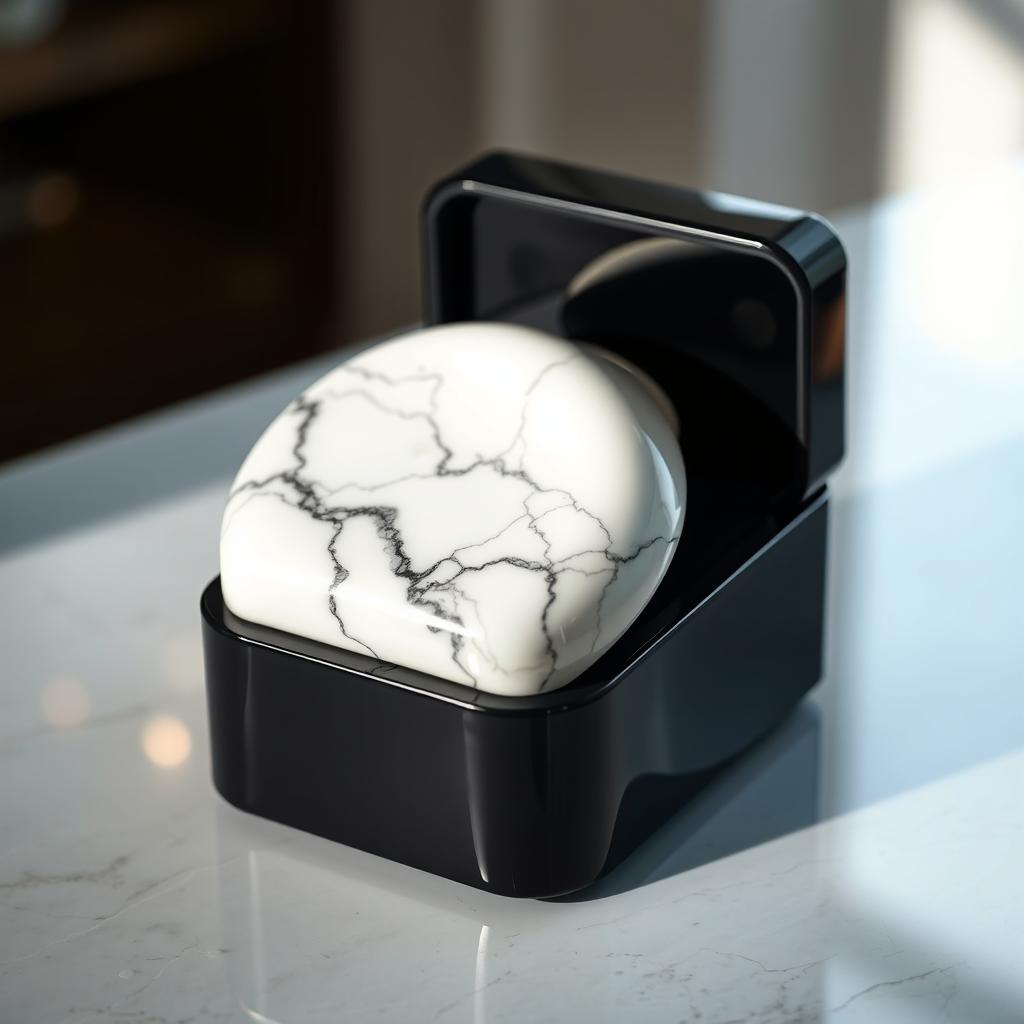 A stunningly beautiful watch case made from sleek black ceramic, featuring a unique twisted top elegantly crafted from white marble adorned with a delicate black pattern