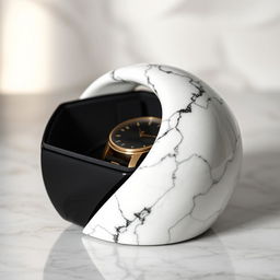 A stunningly beautiful watch case made from sleek black ceramic, featuring a unique twisted top elegantly crafted from white marble adorned with a delicate black pattern