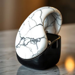 A stunningly beautiful watch case made from sleek black ceramic, featuring a unique twisted top elegantly crafted from white marble adorned with a delicate black pattern