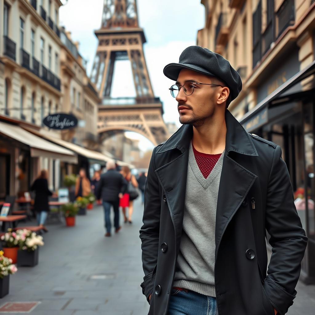 A stylish man strolling through the streets of Paris, wearing a chic black trench coat and a fashionable beret, with a backdrop of the Eiffel Tower