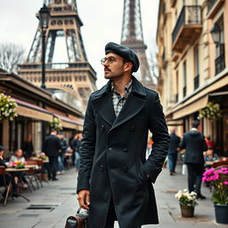 A stylish man strolling through the streets of Paris, wearing a chic black trench coat and a fashionable beret, with a backdrop of the Eiffel Tower