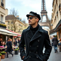 A stylish man strolling through the streets of Paris, wearing a chic black trench coat and a fashionable beret, with a backdrop of the Eiffel Tower