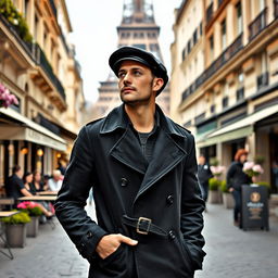 A stylish man strolling through the streets of Paris, wearing a chic black trench coat and a fashionable beret, with a backdrop of the Eiffel Tower