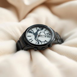 A beautifully crafted watch featuring a case made of black ceramics, elegantly contrasted with a white marble top that displays striking black isor patterns