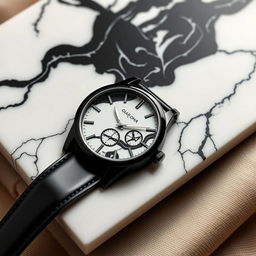 A beautifully crafted watch featuring a case made of black ceramics, elegantly contrasted with a white marble top that displays striking black isor patterns